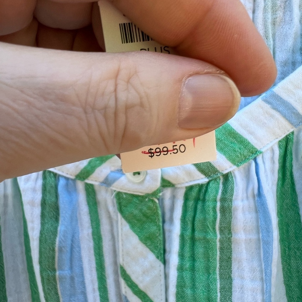 NWT Talbots Pretty Blue Green White Stripe Hem Pleats 3/4 Sleeve Blouse - Picture 4 of 5